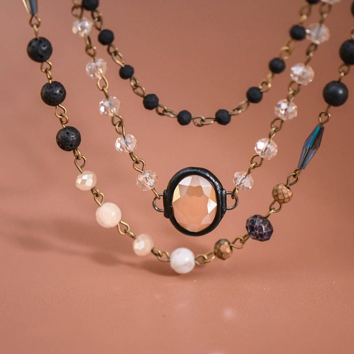 Triple Layered Mixed Glass Bead and Stone Necklace - 6909