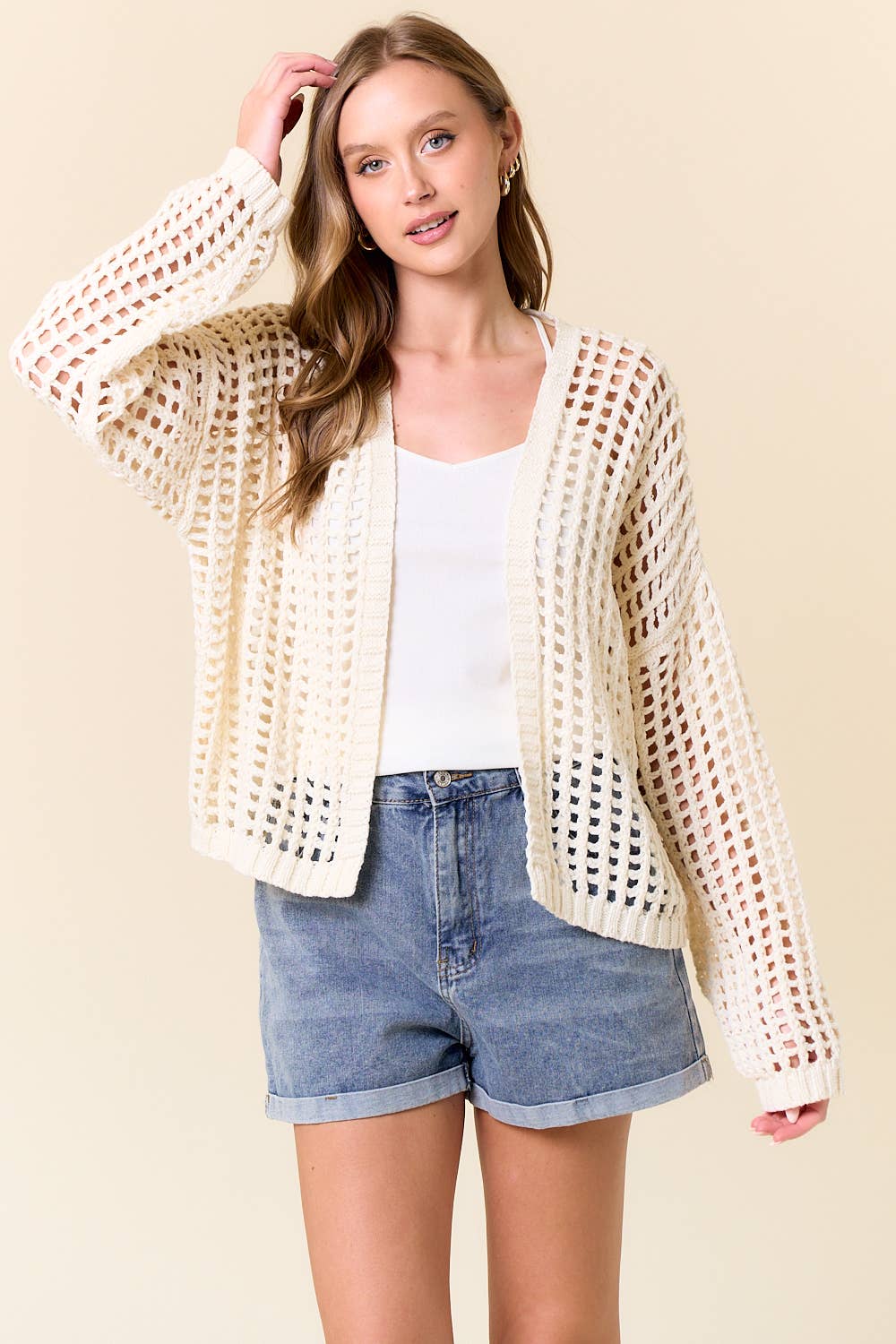 CROCHET FISHNET CROPPED OPEN CARDIGAN - 10685J