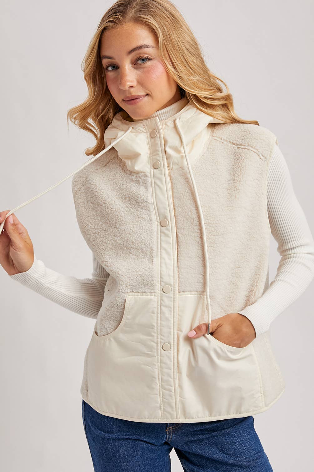 SHERPA FLEECE HOODED VEST WITH FAUX SUEDE INNER
