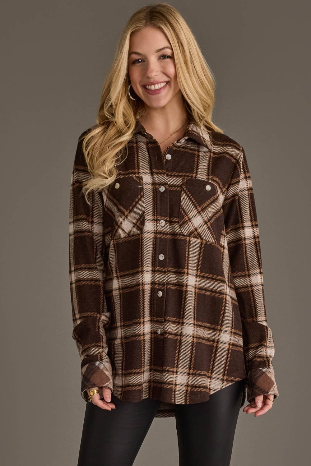 Dk. Brown, Cream & Black Plaid Button Up