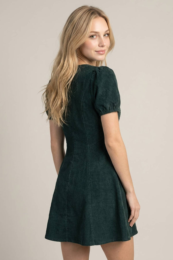 CORDUROY PUFF SLEEVE V-NECK FRONT ZIP-UP MINI DRESS - 28460D