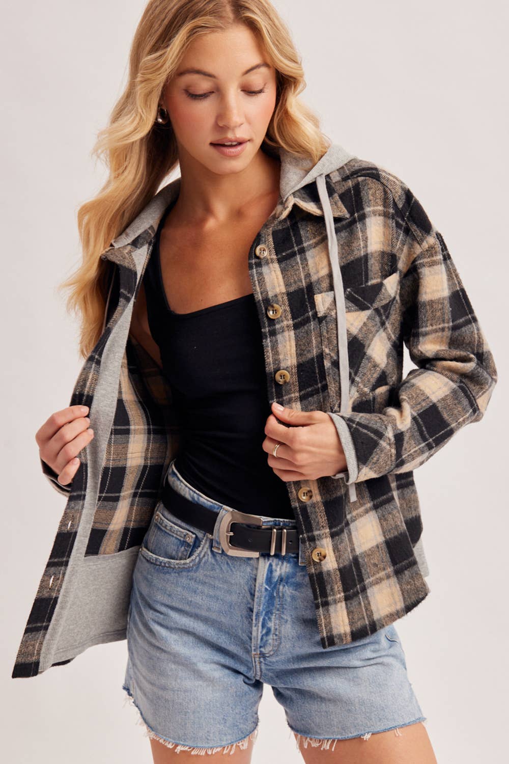 BUTTON DOWN HOODED PLAID SHACKET