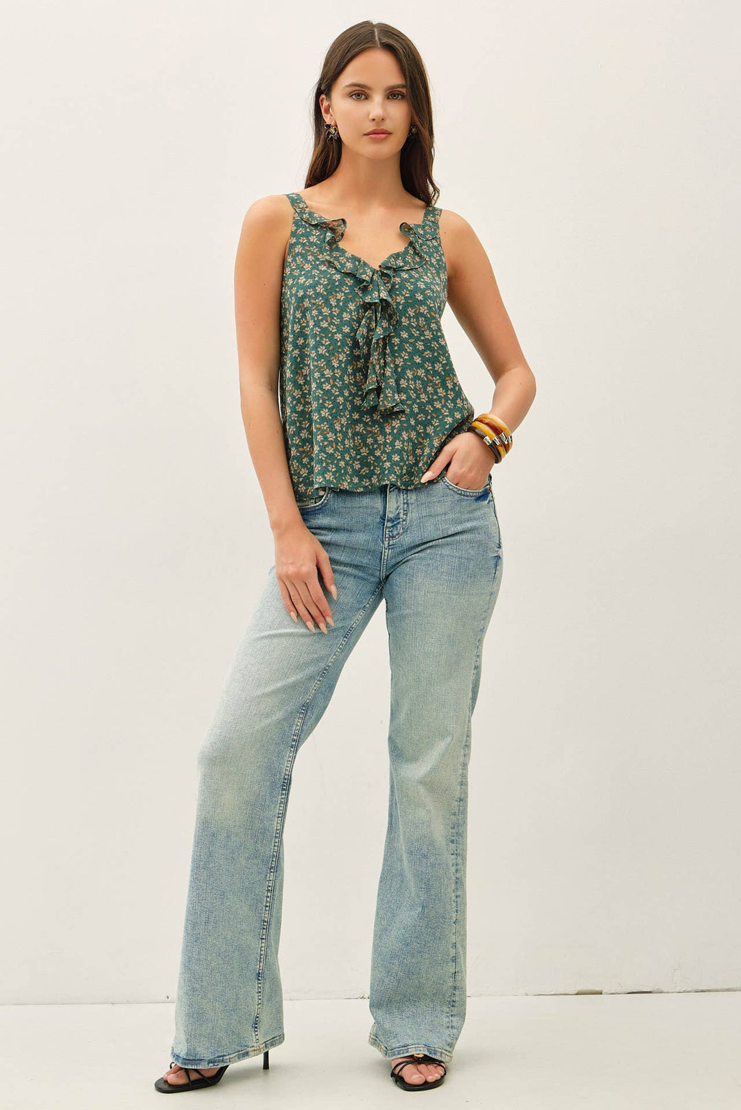 FLORAL PRINT CHIFFON RUFFLE TANK TOP