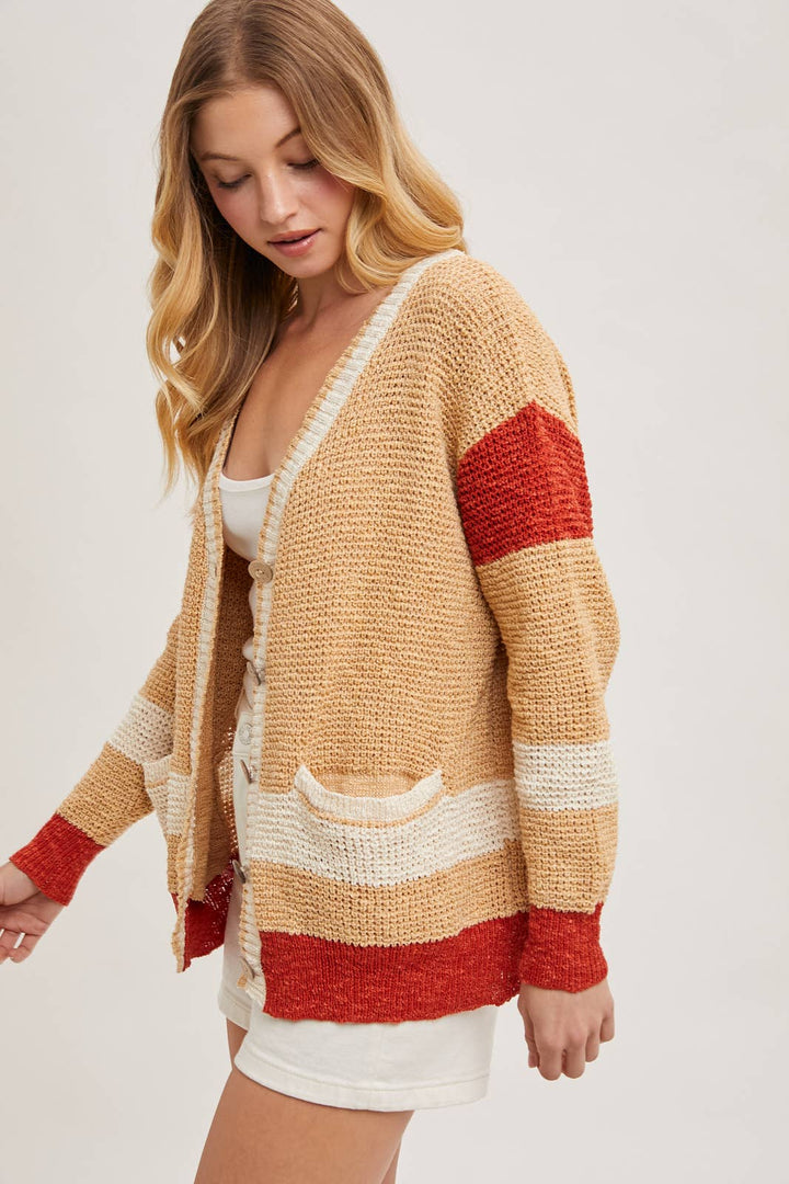 COLOR BLOCK BUTTON DOWN CARDIGAN
