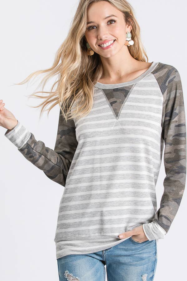 Striped Camo Print Raglan Top