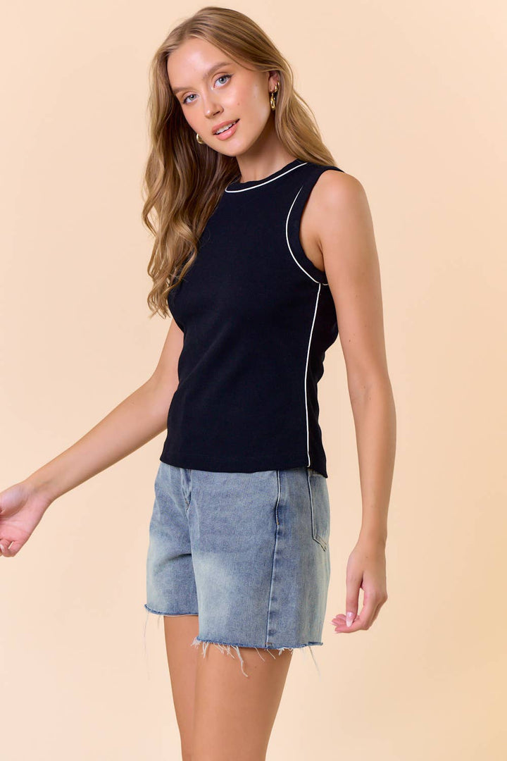 COTTON RIB ROUND NECK CONTRAST PIPING TANK - 44849T