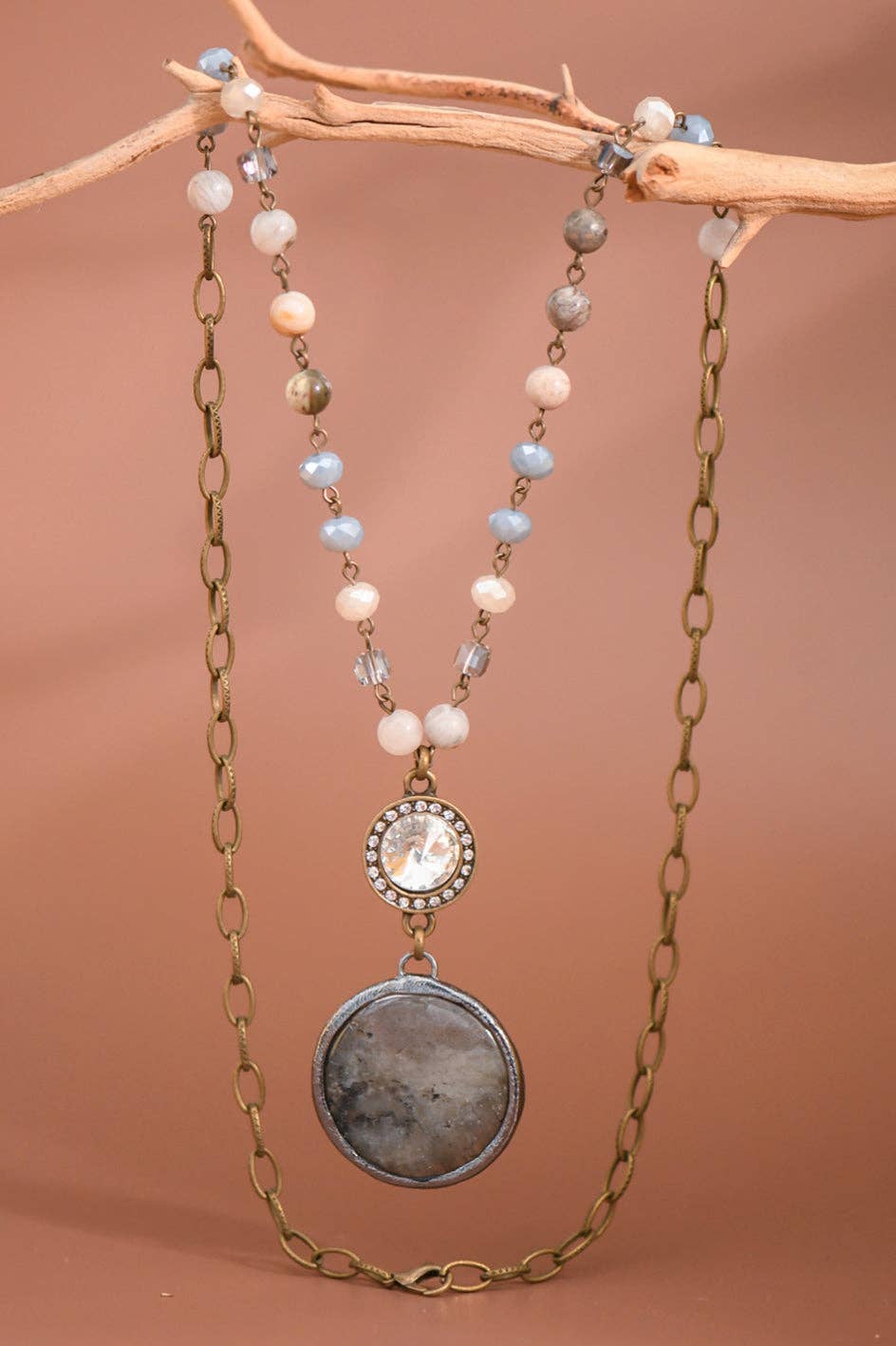 Natural Stone Pendant Beaded Chain Link Necklace - 6466