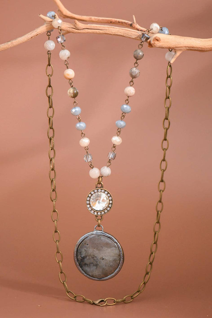 Natural Stone Pendant Beaded Chain Link Necklace - 6466