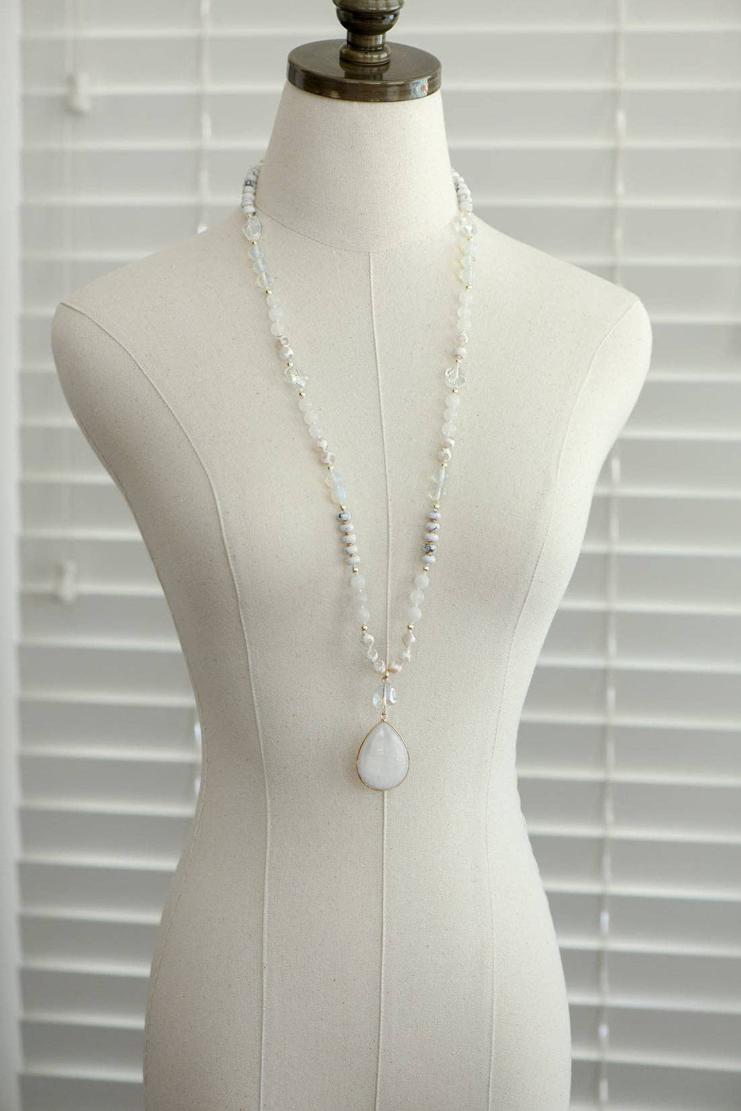 Stone Beaded Long Necklace, Large Stone Pendant - 7255