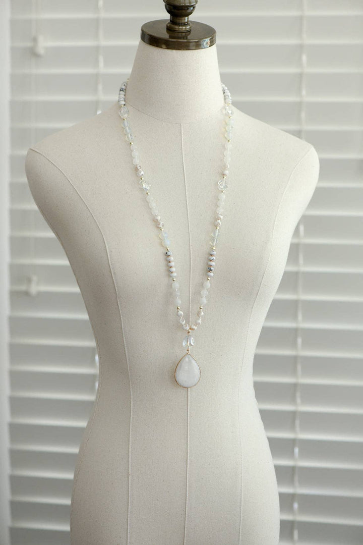 Stone Beaded Long Necklace, Large Stone Pendant - 7255