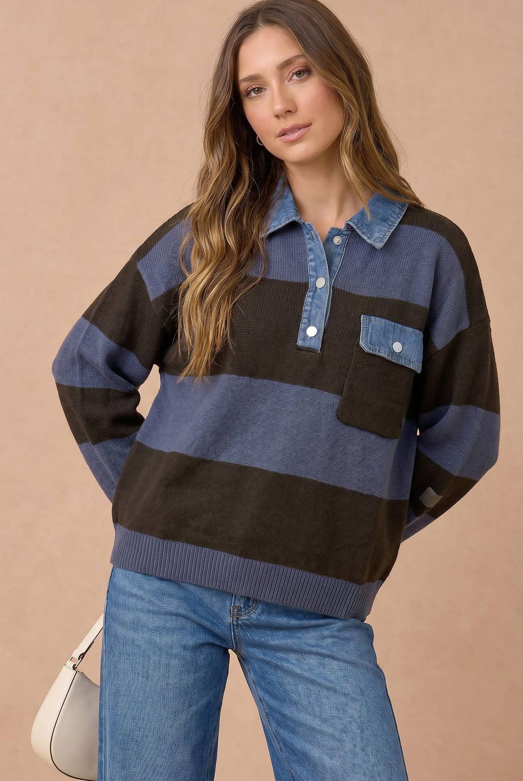 Striped Denim Collar Sweater Knit Top
