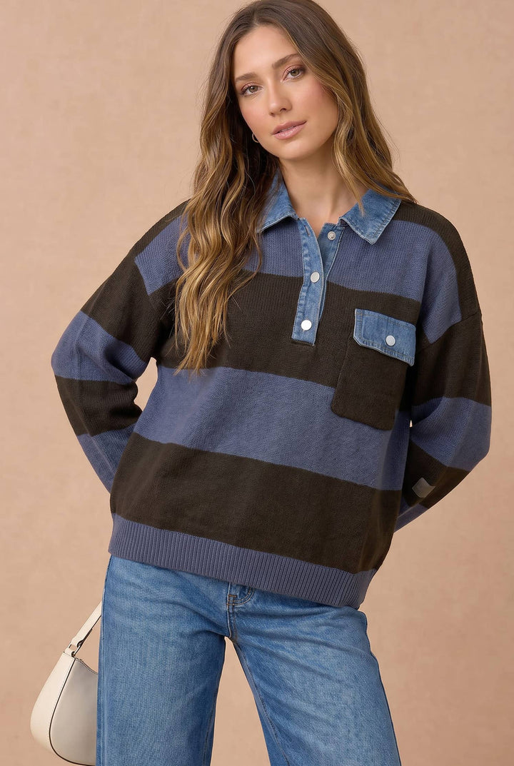 Striped Denim Collar Sweater Knit Top