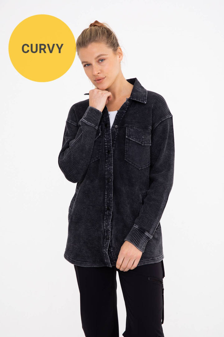 CURVY Waffle Knit Button Down Jacket