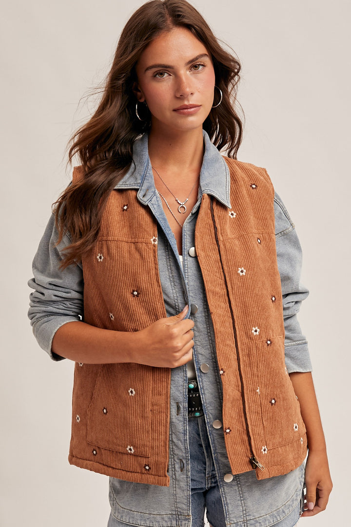 Floral Embroidered Corduroy Vest