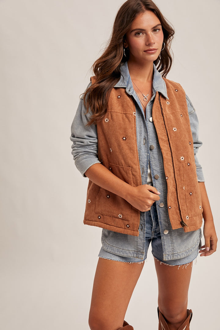 Floral Embroidered Corduroy Vest