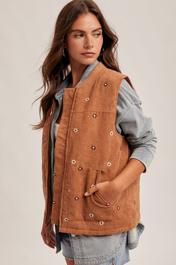 Floral Embroidered Corduroy Vest