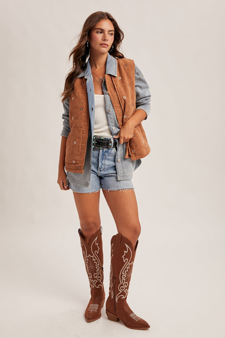 Floral Embroidered Corduroy Vest