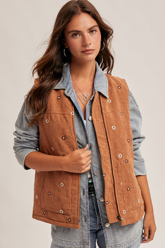 トップス EMBROIDERY CORD VEST Floral Embroidered Corduroy Vest – Thirty Four Oaks Clothing Co