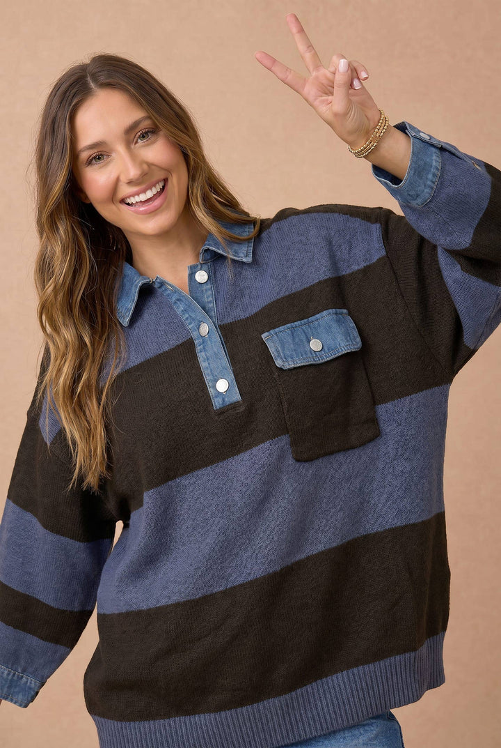 Striped Denim Collar Sweater Knit Top