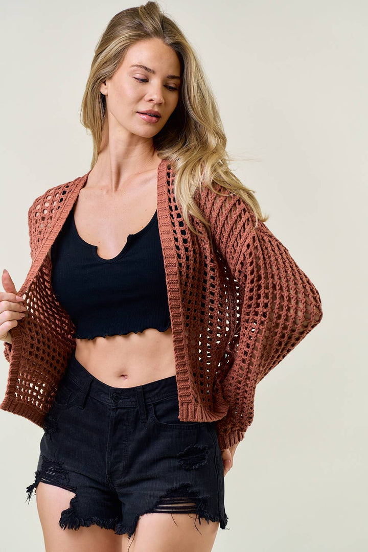 CROCHET FISHNET CROPPED OPEN CARDIGAN - 10685J