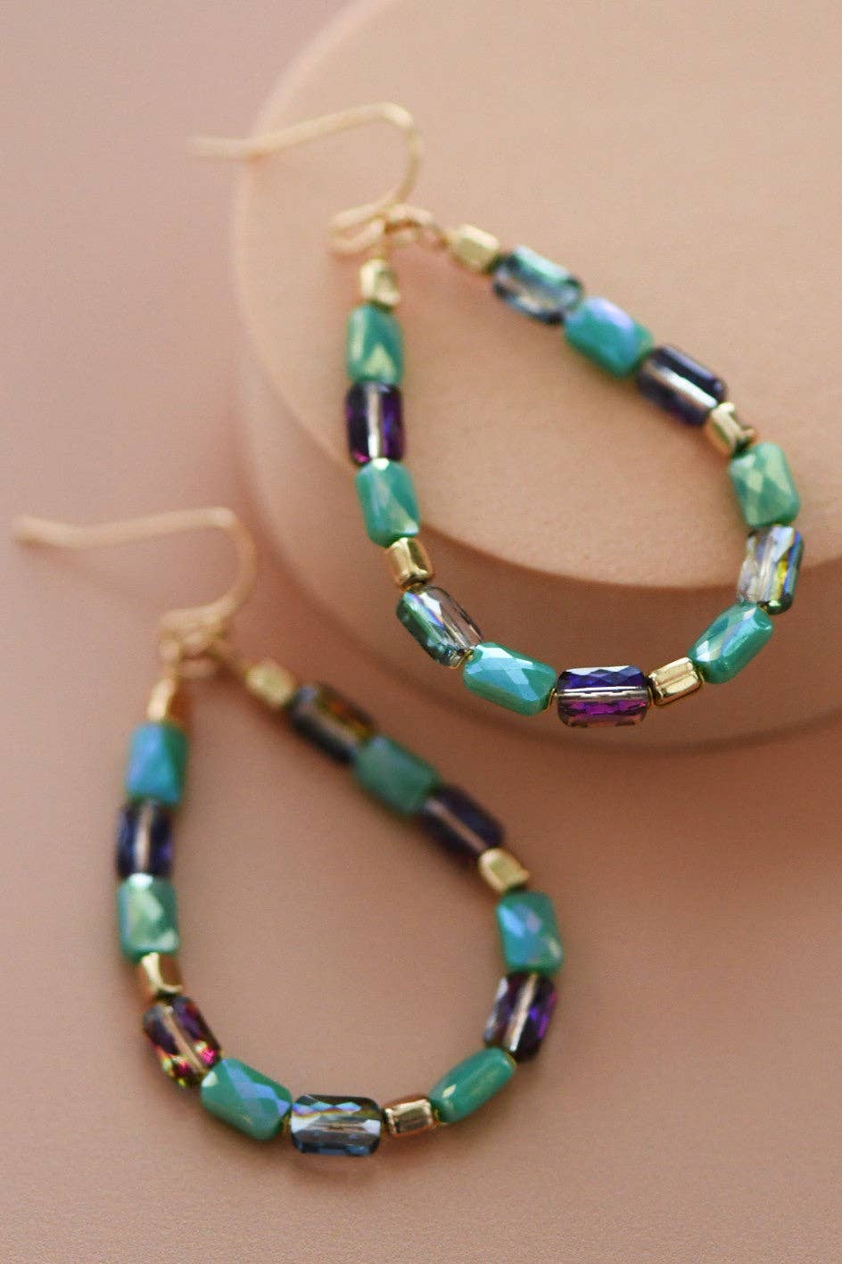 Teardrop Wire Beaded Glass Crystal Earrings - 7278