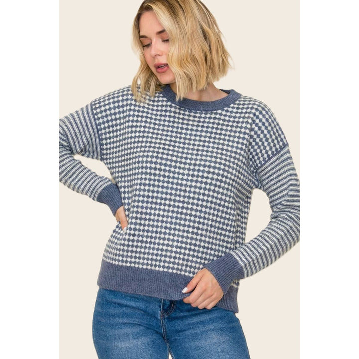 CHECKER BORAD AND STRIPE MIX MEDIA SWEATER