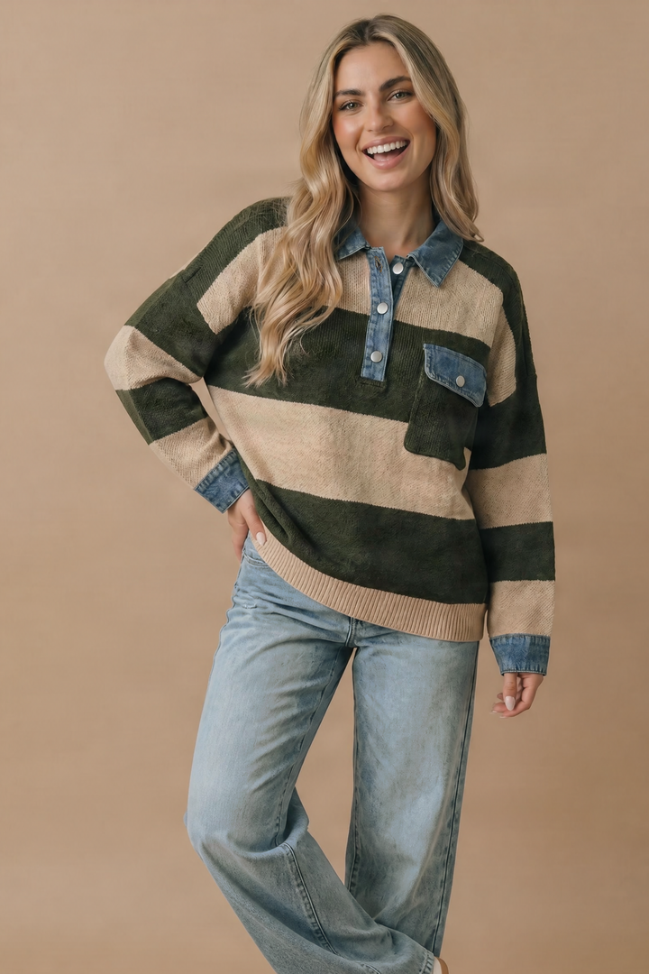 Striped Denim Collar Sweater Knit Top