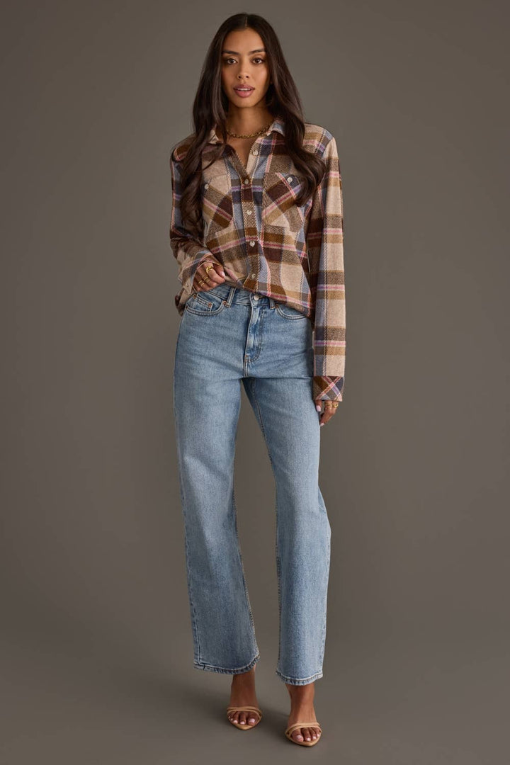 Dk. Brown, Blue & Pink Plaid Button Up