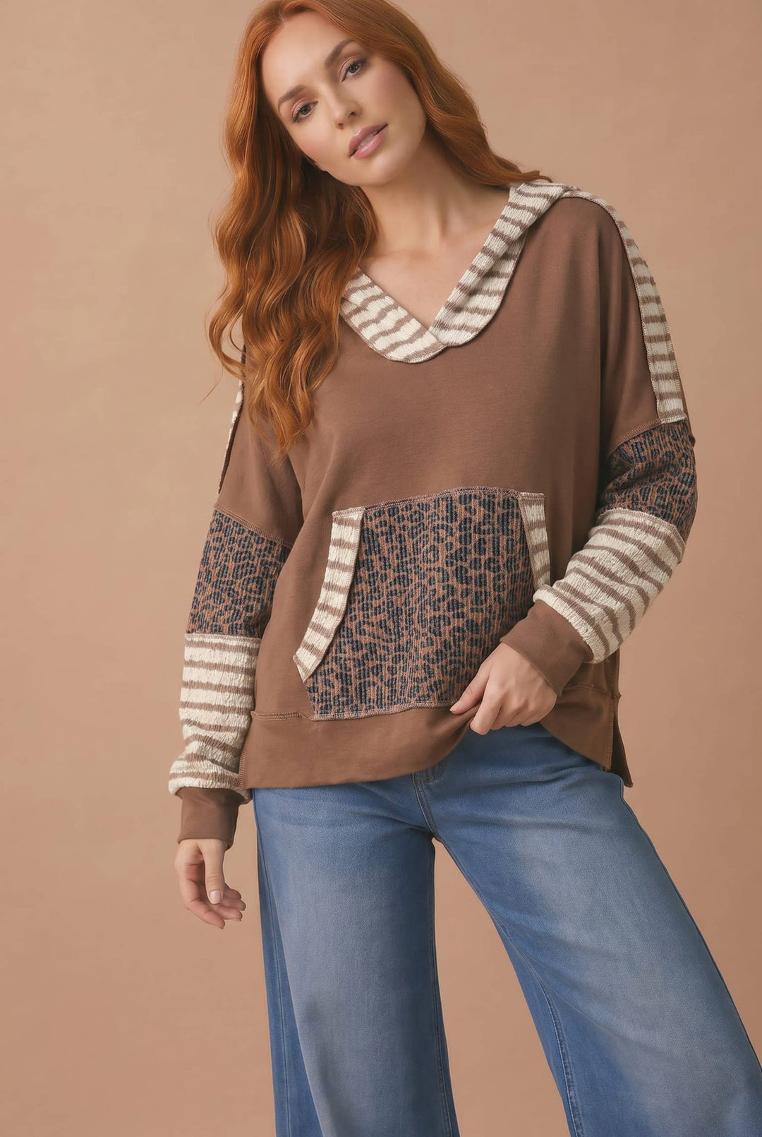 Leopard Mixed Kangaroo Pocket Pullover Hoodie