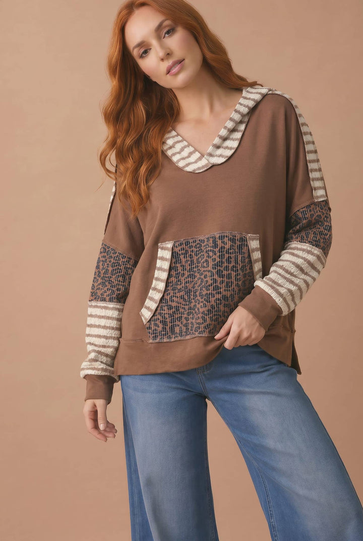 Leopard Mixed Kangaroo Pocket Pullover Hoodie