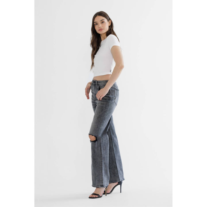 SUPER HIGH WIDE LEG WITH DISTRESSED KNEE