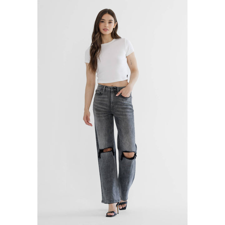 SUPER HIGH WIDE LEG WITH DISTRESSED KNEE