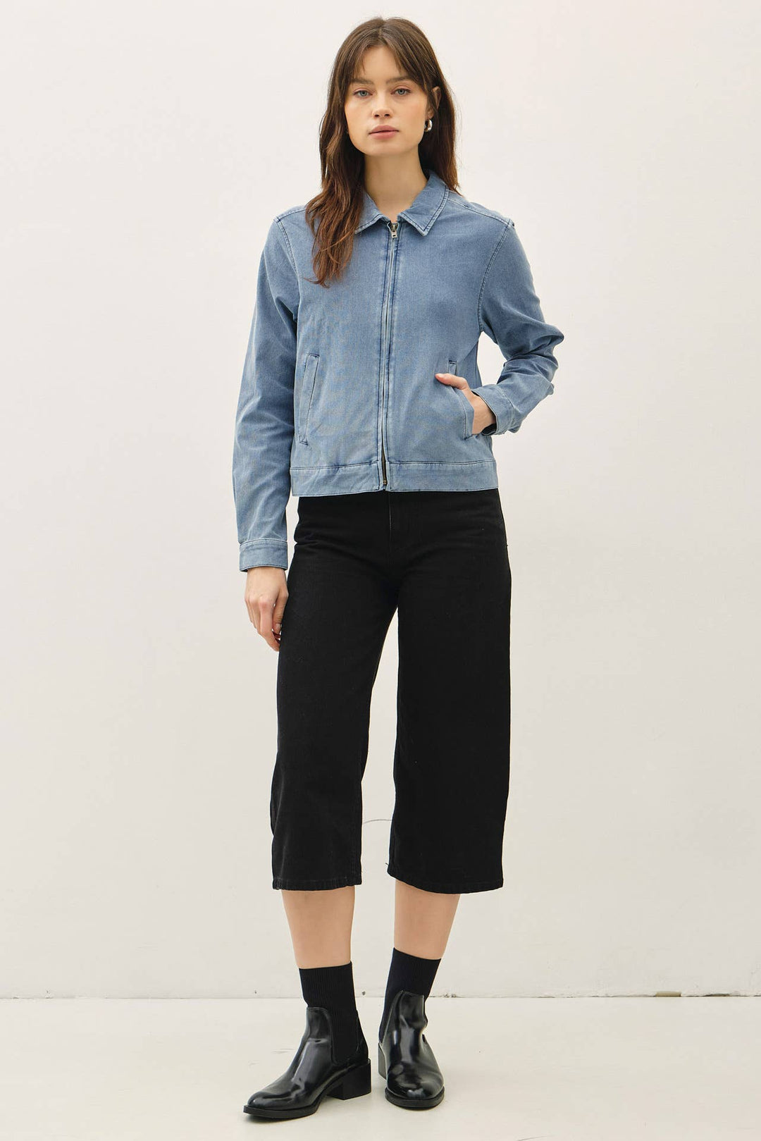 KNIT DENIM CROPPED ZIP UP JACKET