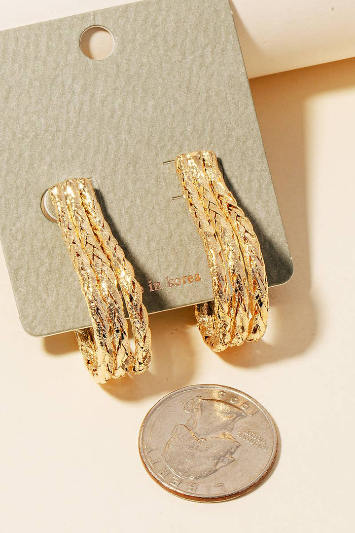 Triple Layered Rope Textured J Hoop Earrings