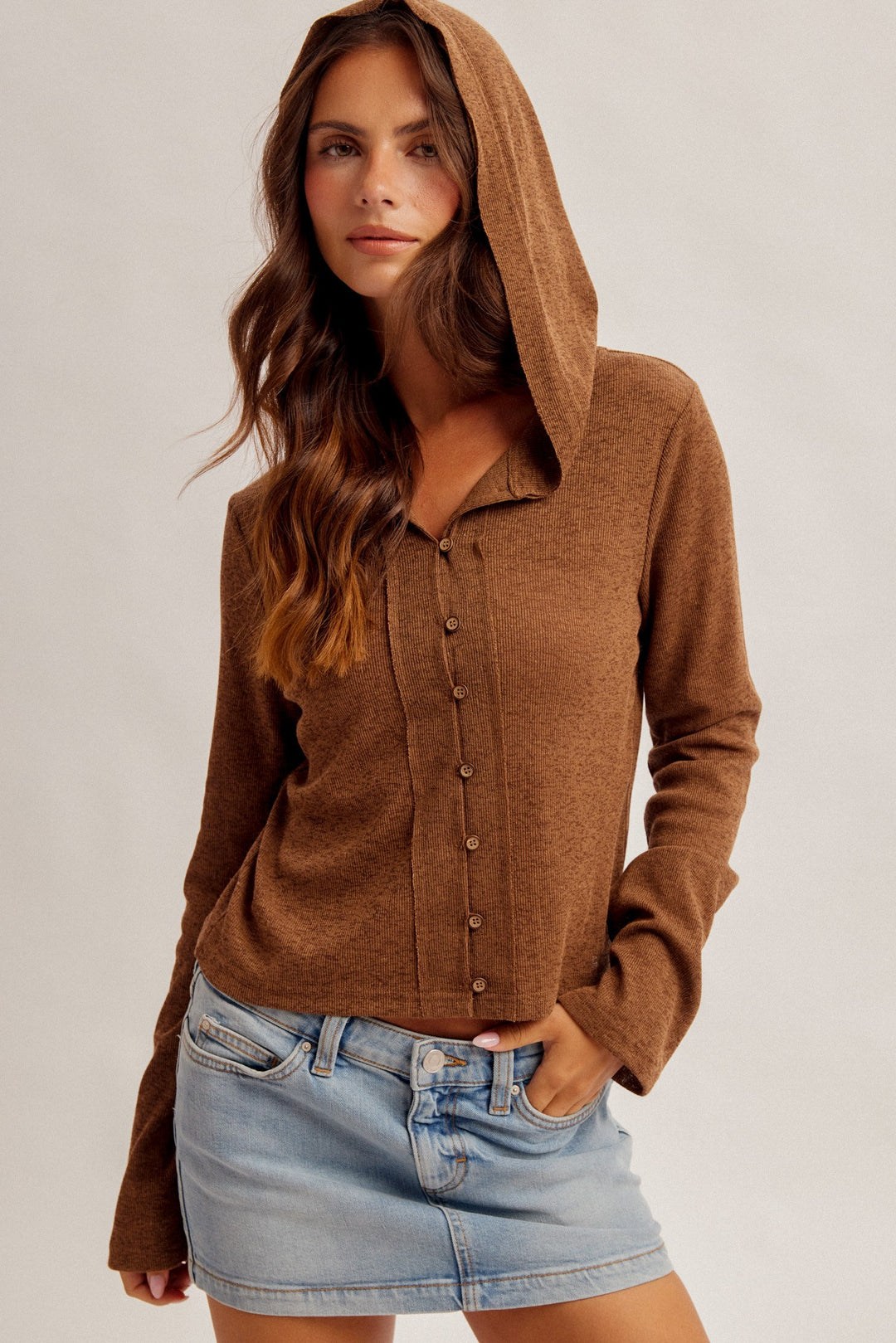 Two-tone Snit Button Down Hooded Cardigan