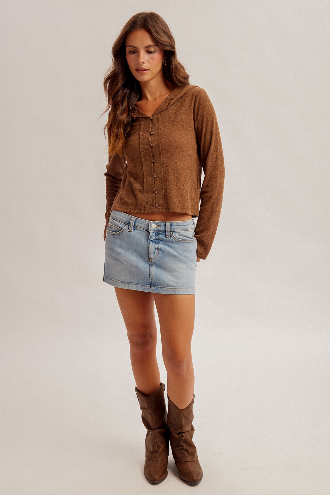 Two-tone Snit Button Down Hooded Cardigan