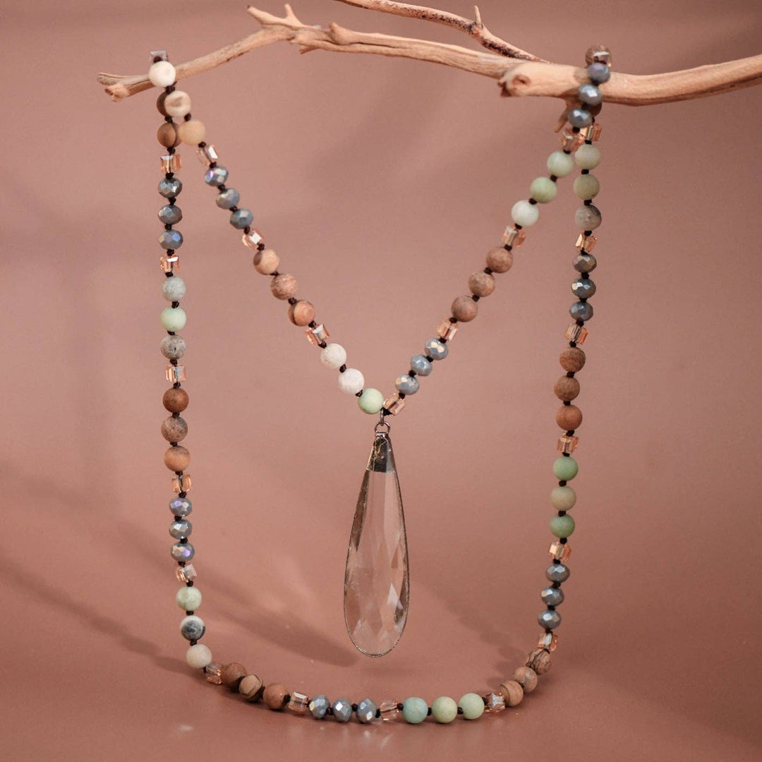 Natural Stone Bead Necklace with Crystal Pendant - 6294