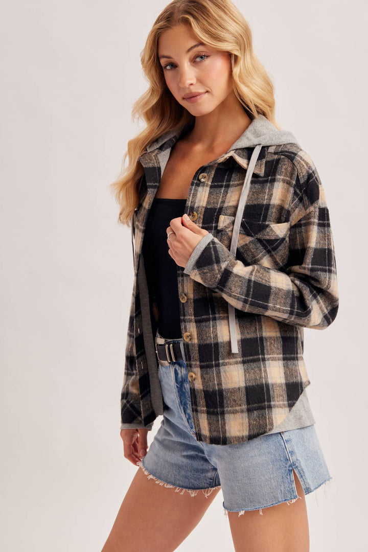 BUTTON DOWN HOODED PLAID SHACKET
