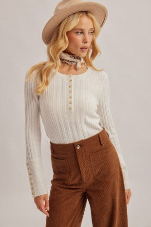 Buttoned Cuffs Long Sleeves Henley Sweater