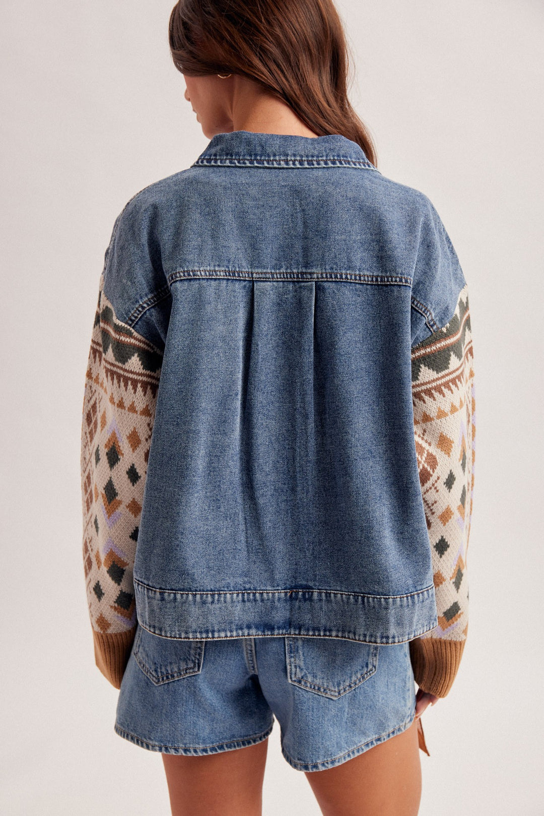 Jaquard Knit Sleeves Detail Denim Jacket