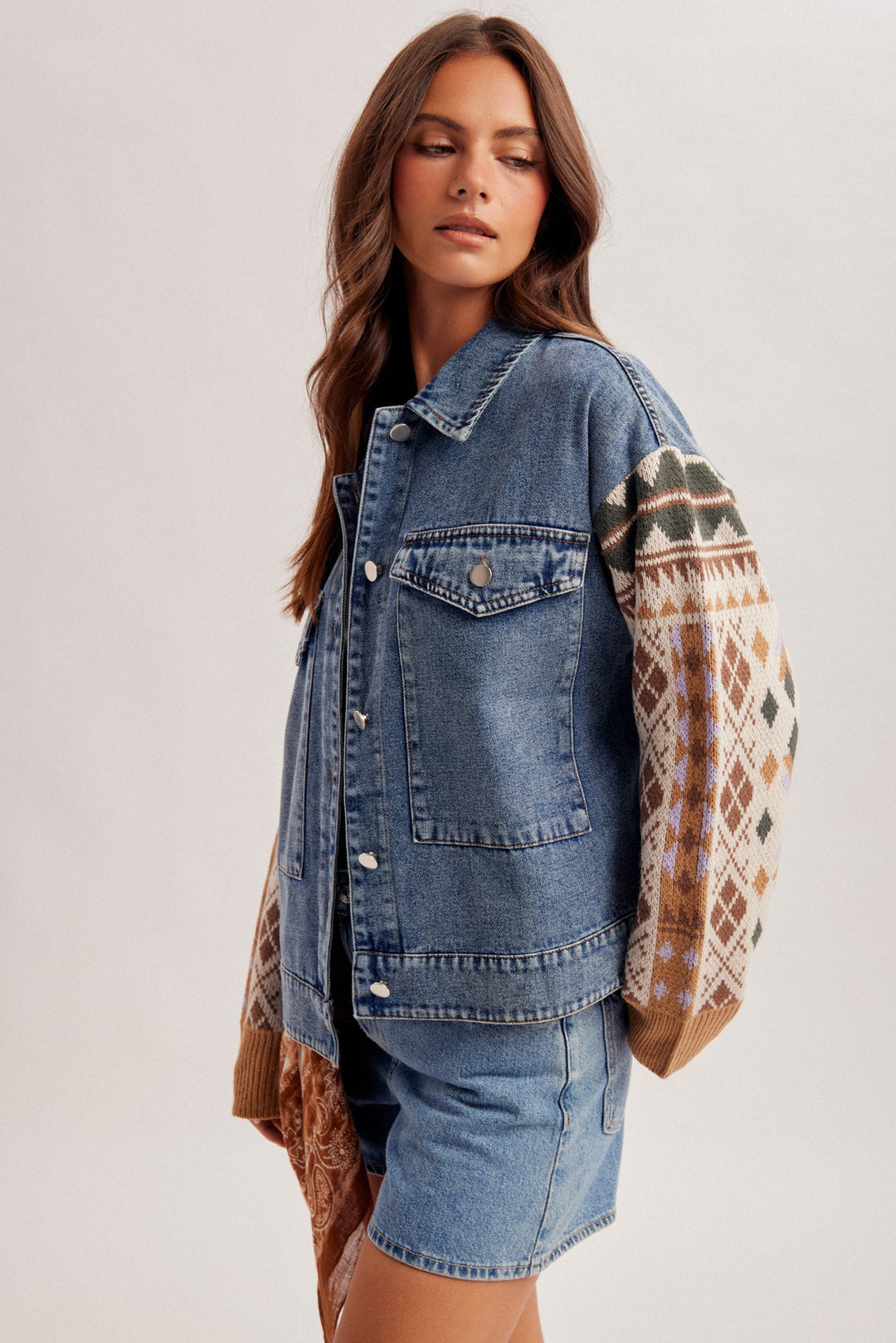 Jaquard Knit Sleeves Detail Denim Jacket
