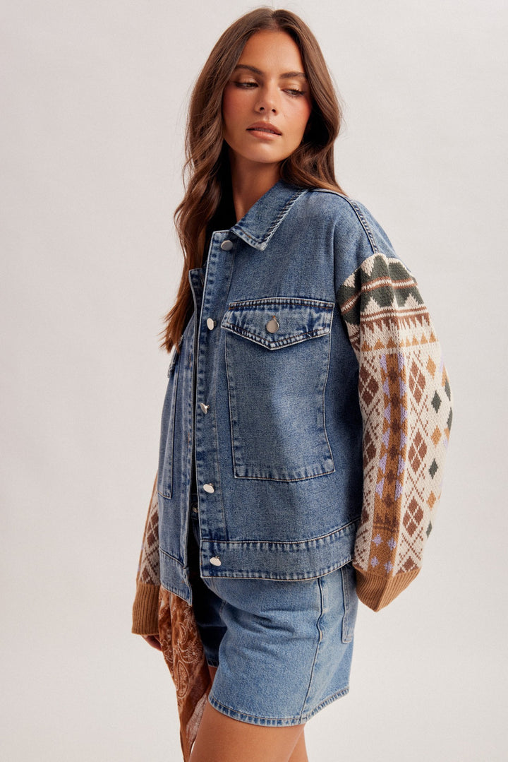 Jaquard Knit Sleeves Detail Denim Jacket