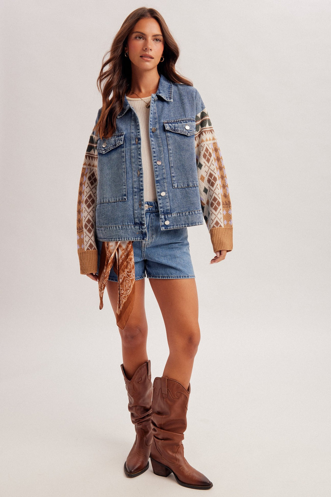 Jaquard Knit Sleeves Detail Denim Jacket