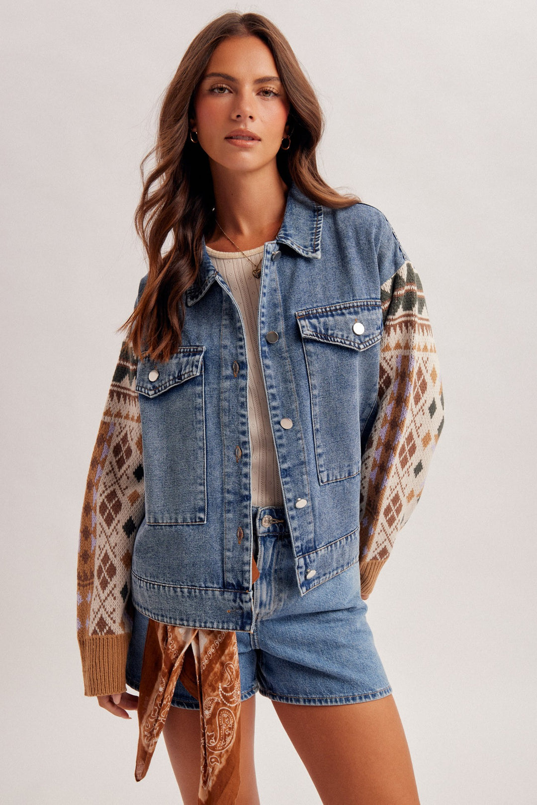 Jaquard Knit Sleeves Detail Denim Jacket