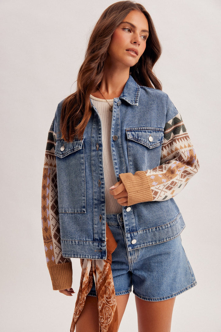Jaquard Knit Sleeves Detail Denim Jacket