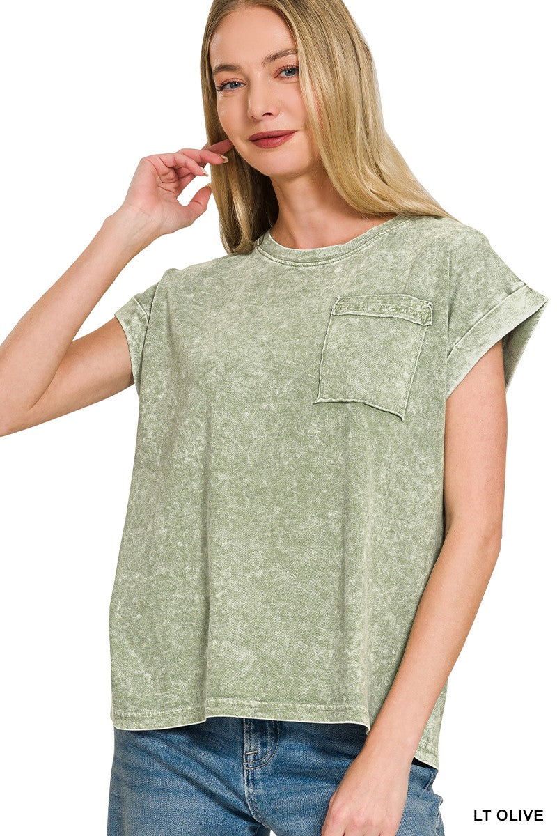 Olive Washed Cuffed Short Sleeve Tee