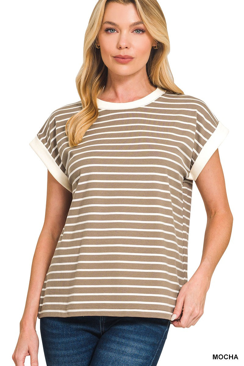 Contrast Trim Cap Sleeve Stripe Tee