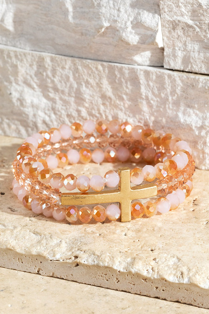 Layered Cross and Glass Bead Stretch Bracelet