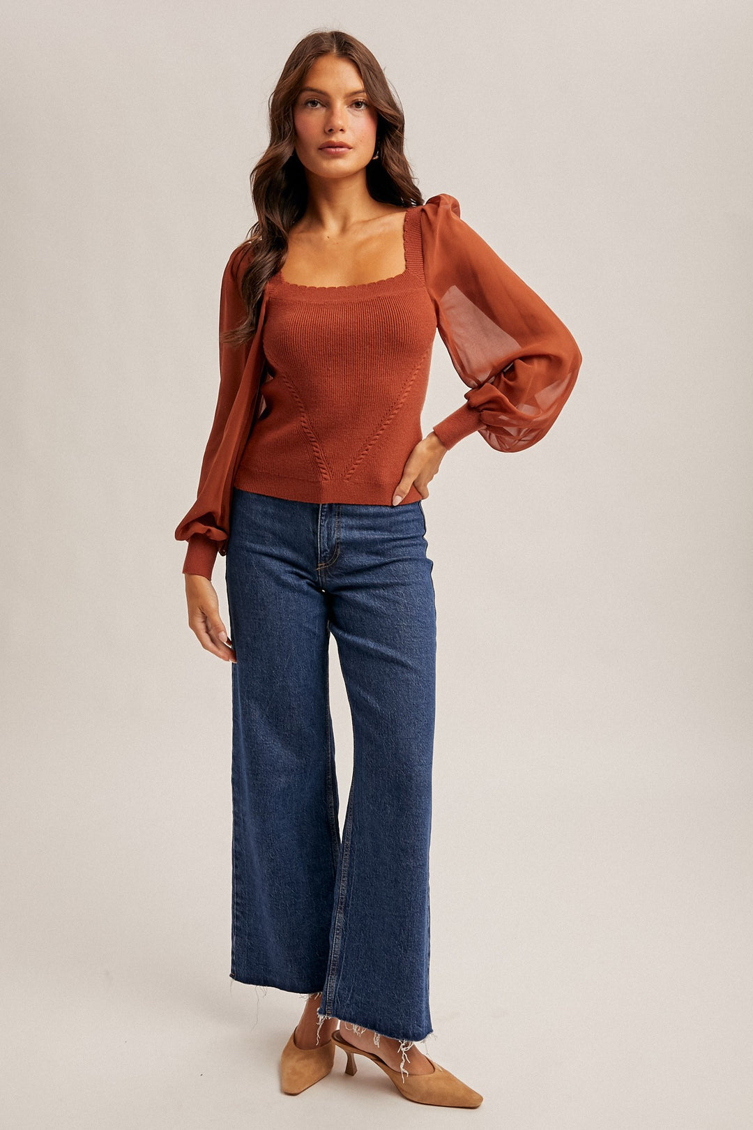 Michelle Scalloped Chiffon Sleeve Sweater