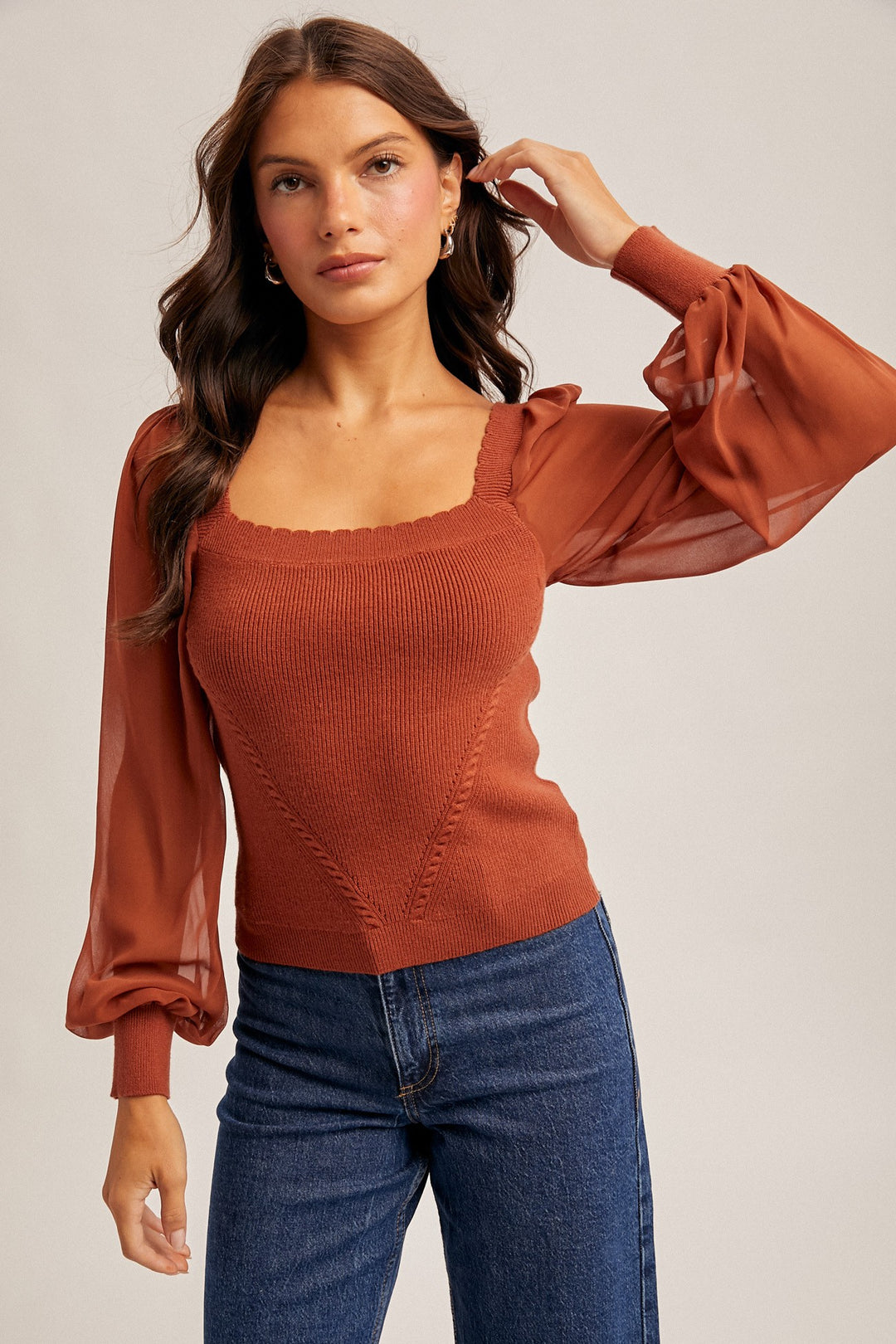 Michelle Scalloped Chiffon Sleeve Sweater
